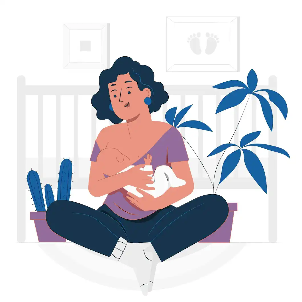 Eine Illustration einer Frau sitzt auf dem Boden vor einem Kinderbett und stillt ihr Baby
